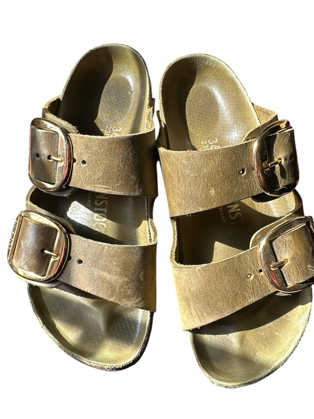 Birkenstock Arizona Big Buckle Slide Sandal- Green Olive Oiled Leather eu 36